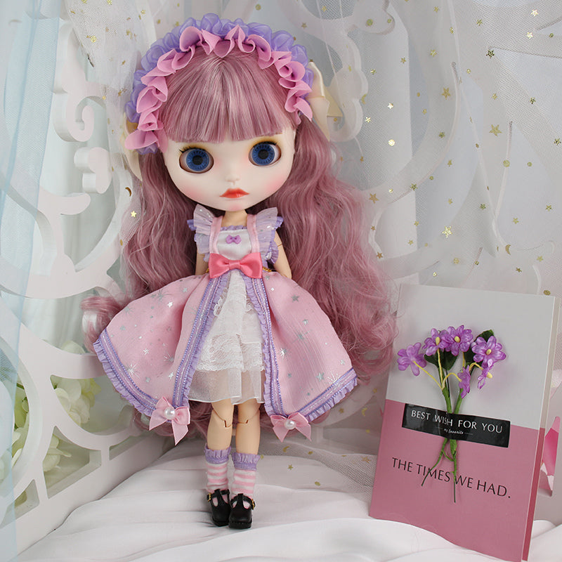 Neo Blythe Doll with White Skin, Matte Face, Pink Curly Hair & Bangs, Joint Body