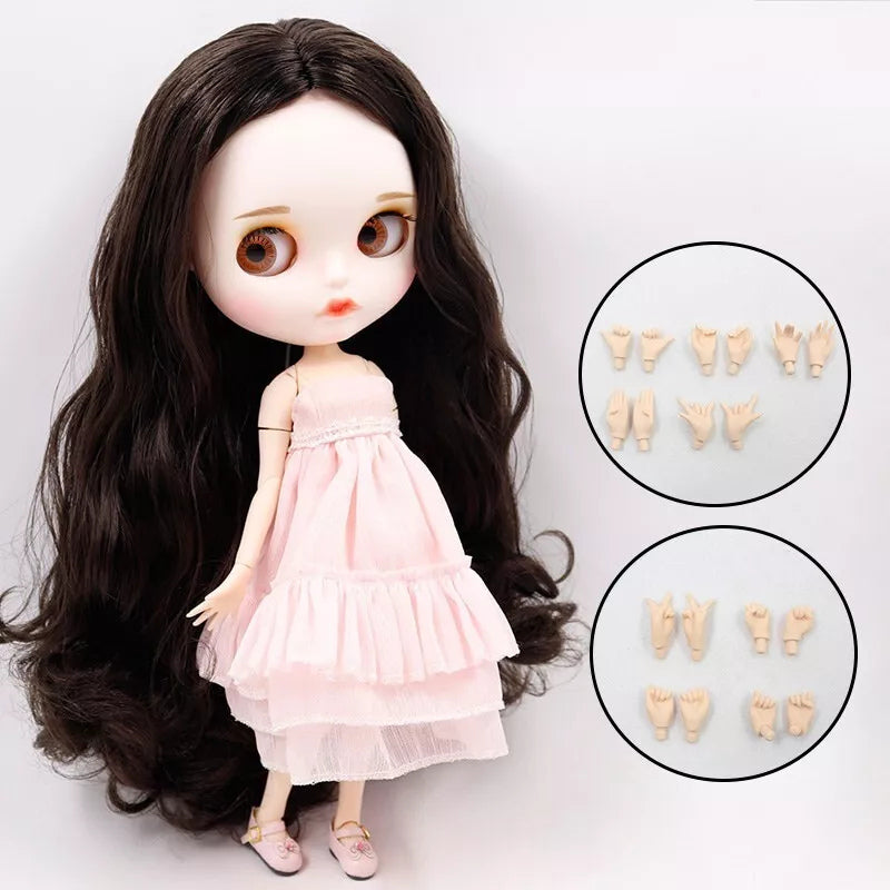 Blythe Nude Doll with White Skin, Matte Face, Dark Brown Wavy Hair & Eyebrows