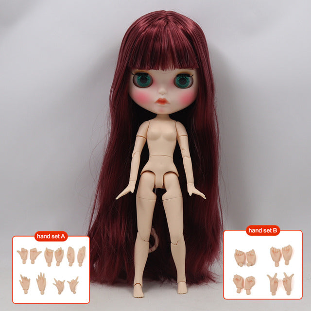Susan - Premium Custom Neo Blythe Doll with Red Wine Hair, White Skin & Matte Pouty Face