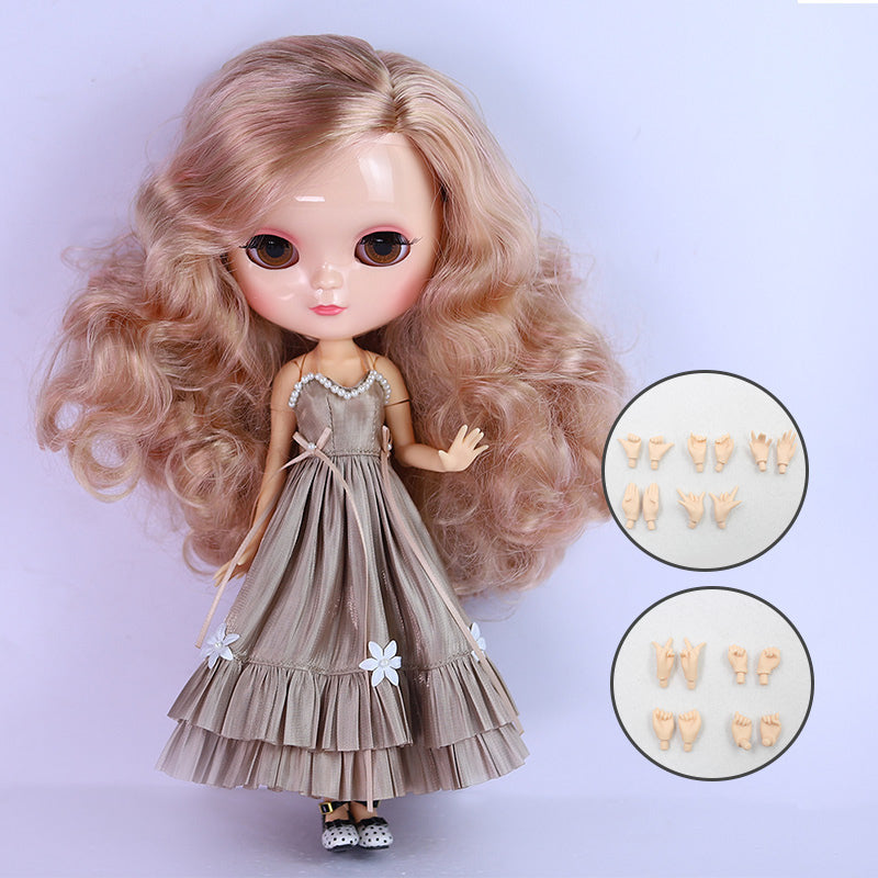 Neo Blythe Doll C-cup Joint Body with Natural Skin & Shiny Face & Light Brown Curly Hair