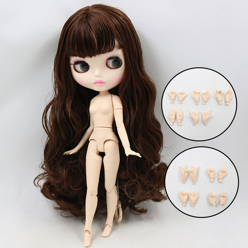 Blythe Doll - White Skin Matte Face & Dark Brown Wavy Hair & Pink Cheek Pink Lips