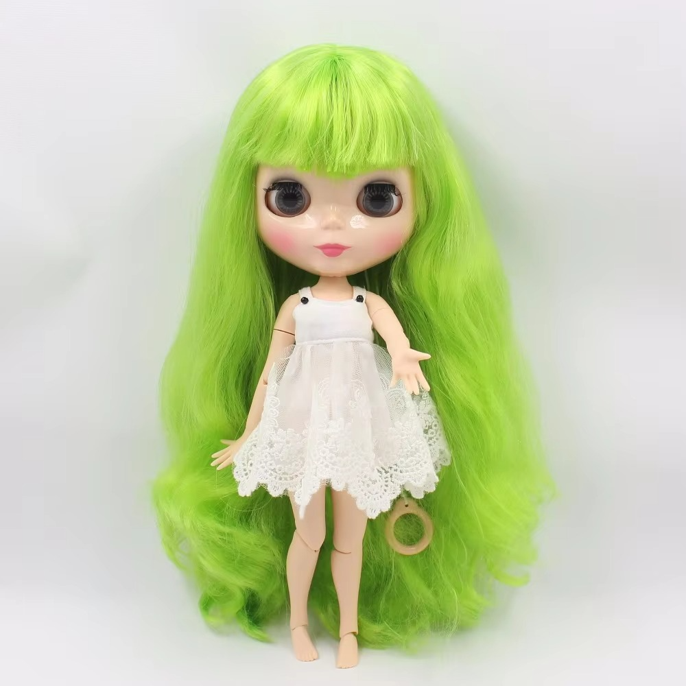 Neo Blythe Doll - Lime Green Hair & White Shiny Face & Jointed Body