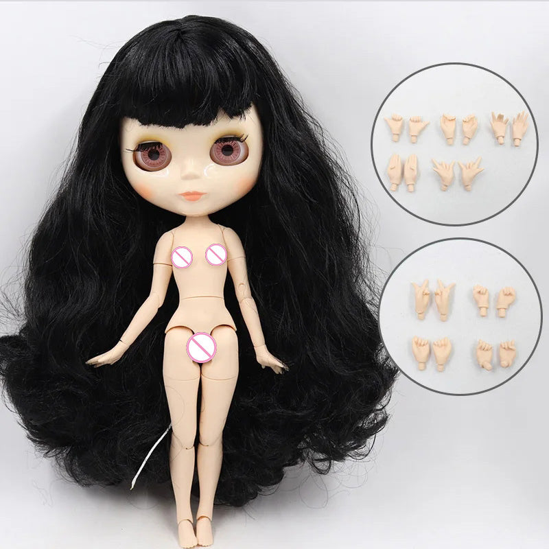 Blythe Nude Doll with Shiny Face, White Skin, Jointed Body, Black Curly Hair