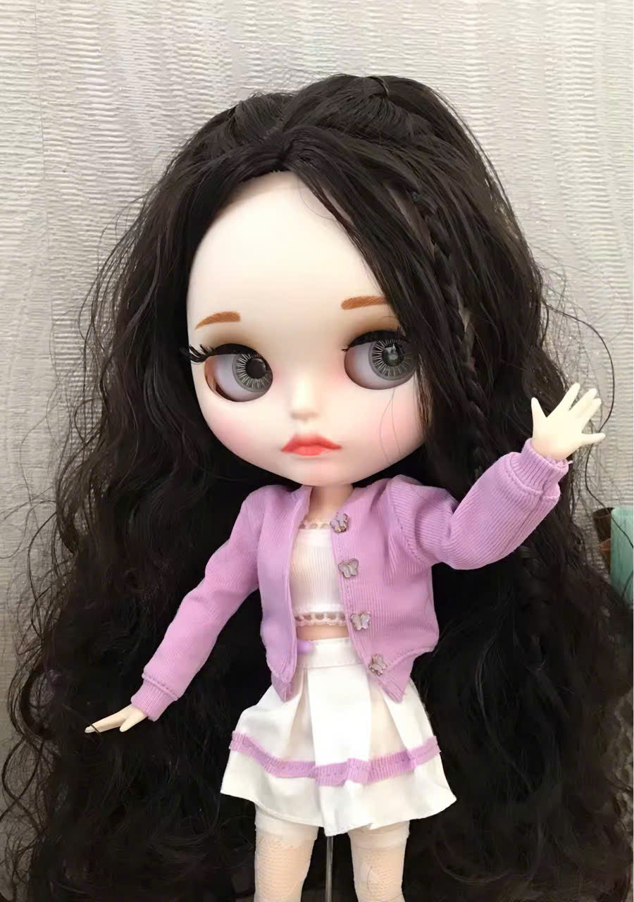 Blythe Nude Doll with White Skin, Matte Face, Dark Brown Wavy Hair & Eyebrows