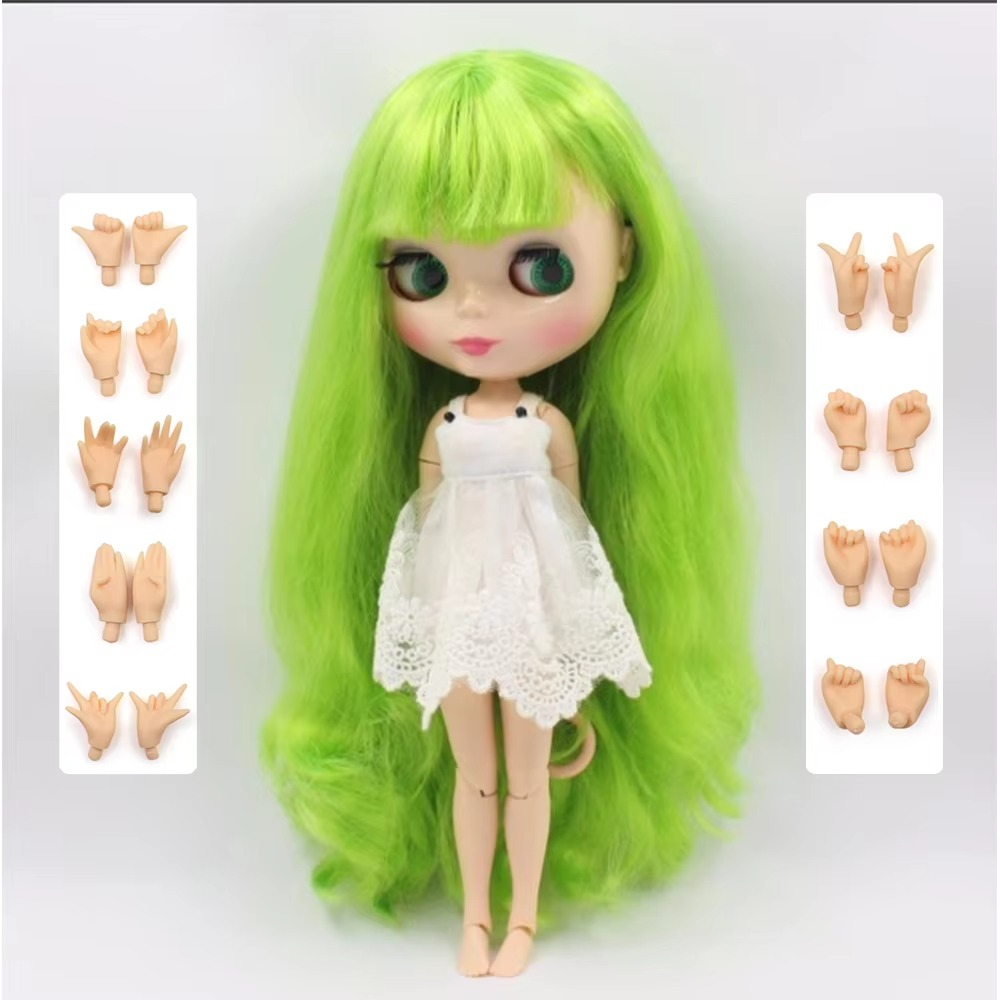 Neo Blythe Doll with Green Hair, White Skin, Shiny Cute Face & Custom Jointed Body