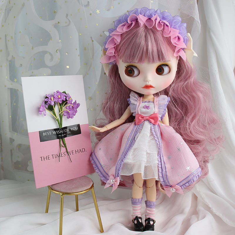 Neo Blythe Doll with White Skin, Matte Face, Pink Curly Hair & Bangs, Joint Body