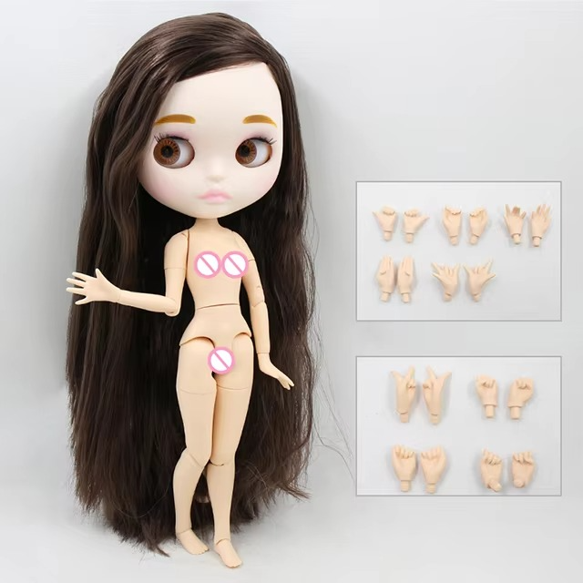 Custom Blythe Doll with Brown Hair, White Skin, Matte Pouty Face & Jointed Body
