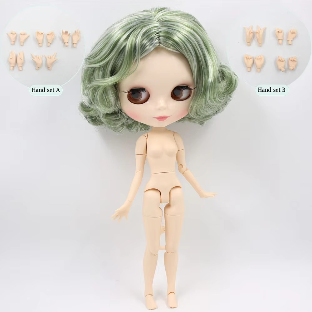Neo Blythe Doll White Skin, Shiny Face, Short Green Curly Hair, Jointed Body