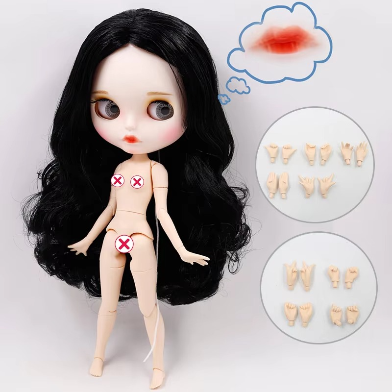 Nude Blythe Doll with White Skin, Matte Face, Joint Body, Black Curls & Eyebrows