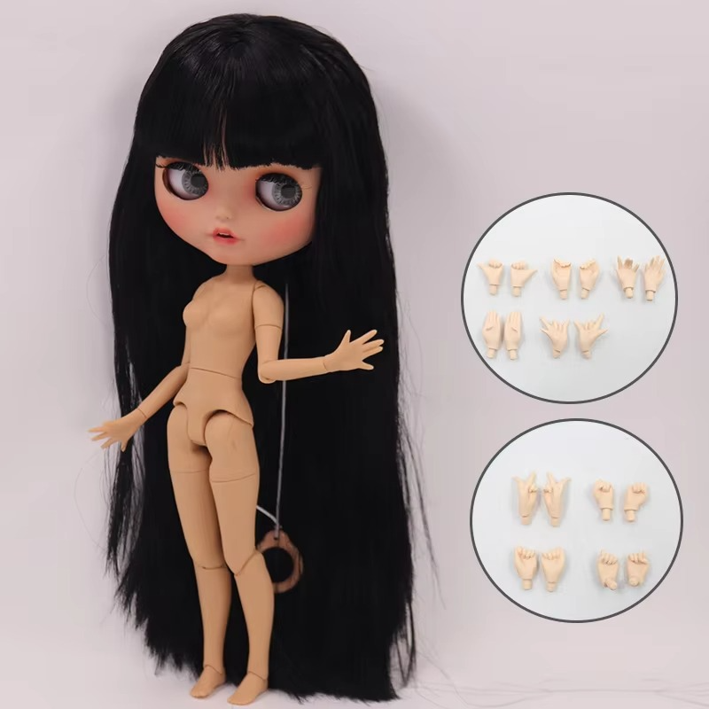 Neo Blythe Doll with Black Hair, Tan Skin, Matte Smiling Face & Custom Jointed Body