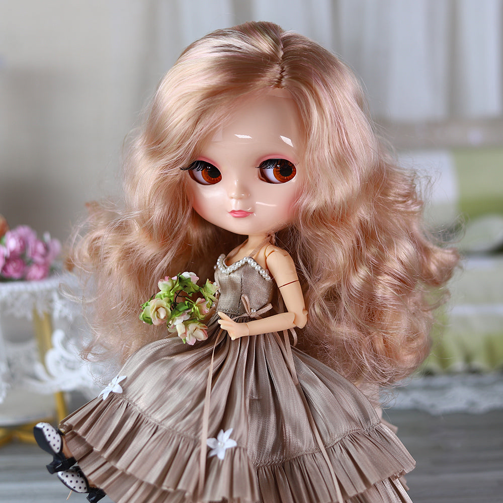Neo Blythe Doll C-cup Joint Body with Natural Skin & Shiny Face & Light Brown Curly Hair