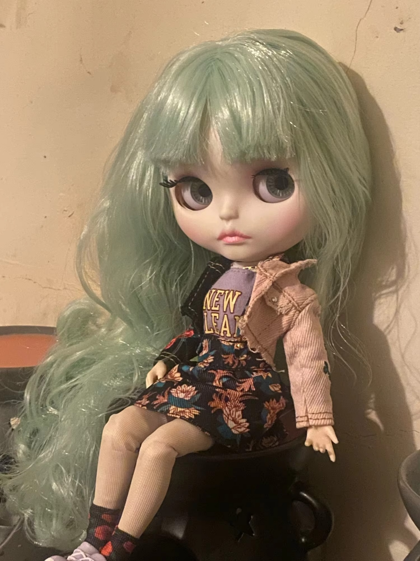 Blythe Doll with Green Curly Hair, White Skin, Matte Face & Custom Jointed Body