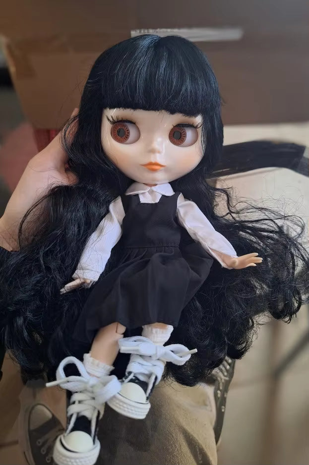 Blythe Nude Doll with Shiny Face, White Skin, Jointed Body, Black Curly Hair