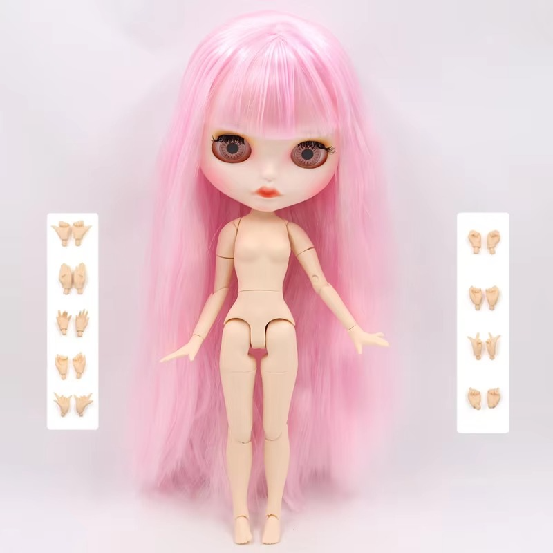 Nude Blythe Doll with White Shiny Face & Jointed Body & Light Pink Hair