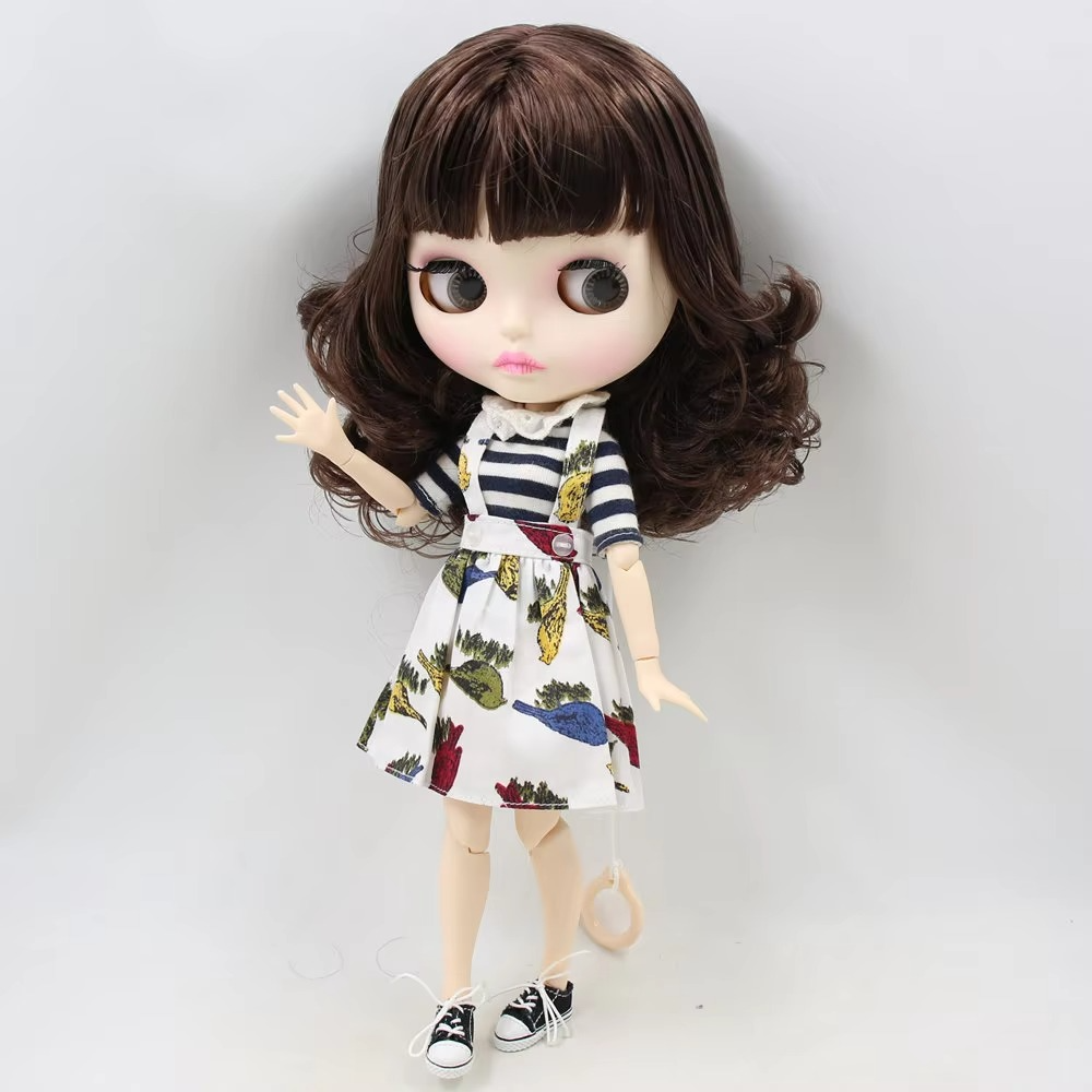 Nude Blythe Doll with Medium Short Curly Hair, White Skin Shiny Face Joint Body