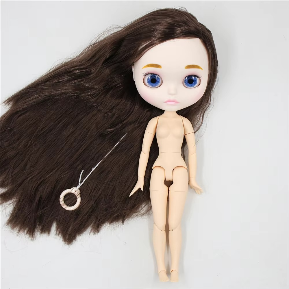Custom Blythe Doll with Brown Hair, White Skin, Matte Pouty Face & Jointed Body