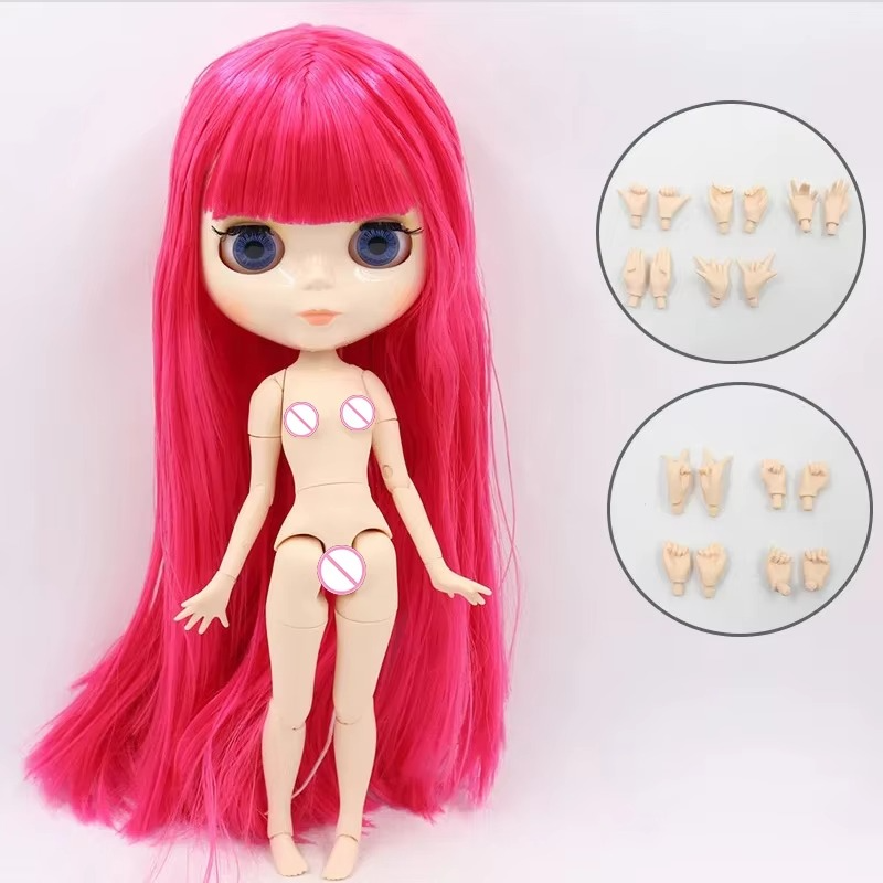 Nude Blythe Doll with White Skin & Shiny Face & Jointed Body & Dark Pink Hair