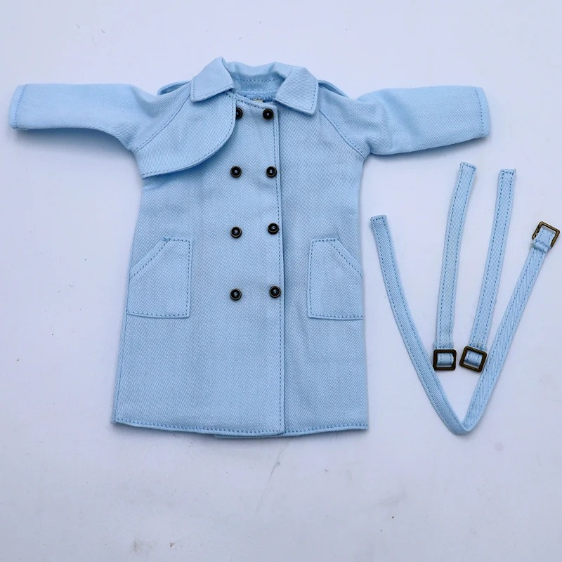 Neo Blythe clothes blue trench coat with pockets and straps for 1/6 BJD dolls