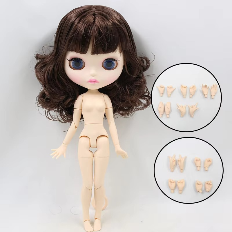 Nude Blythe Doll with Medium Short Curly Hair, White Skin Shiny Face Joint Body