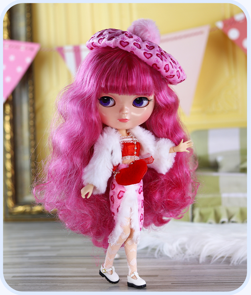 Neo Blythe Doll Azone C-cup Jointed Body, Natural Skin & Glossy Face & Dark Pink Hair