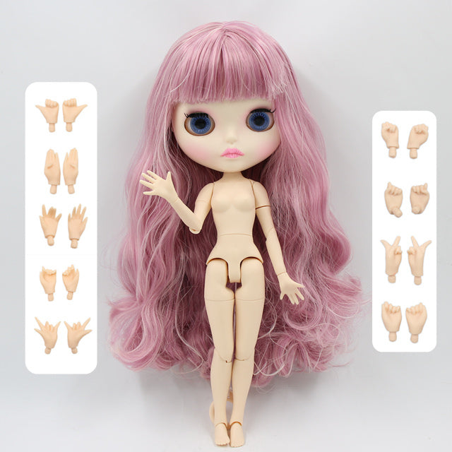 Neo Blythe Doll with White Skin, Matte Face, Pink Curly Hair & Bangs, Joint Body