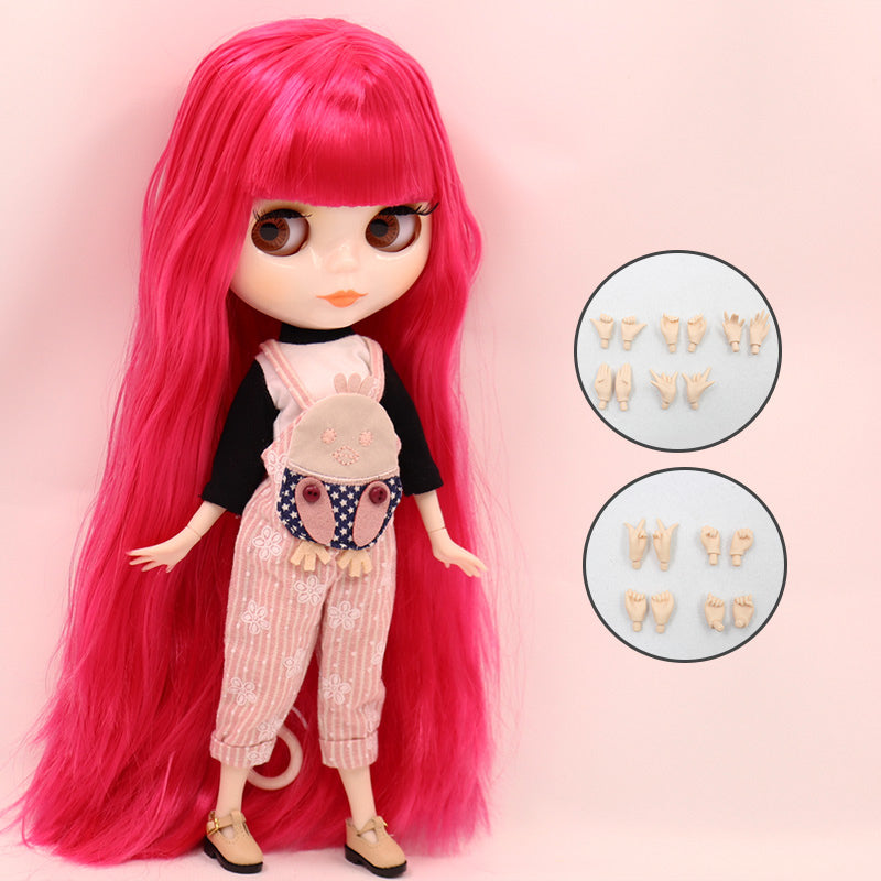 Nude Blythe Doll with White Skin & Shiny Face & Jointed Body & Dark Pink Hair