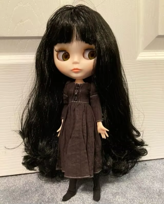 Blythe Nude Doll with Shiny Face, White Skin, Jointed Body, Black Curly Hair