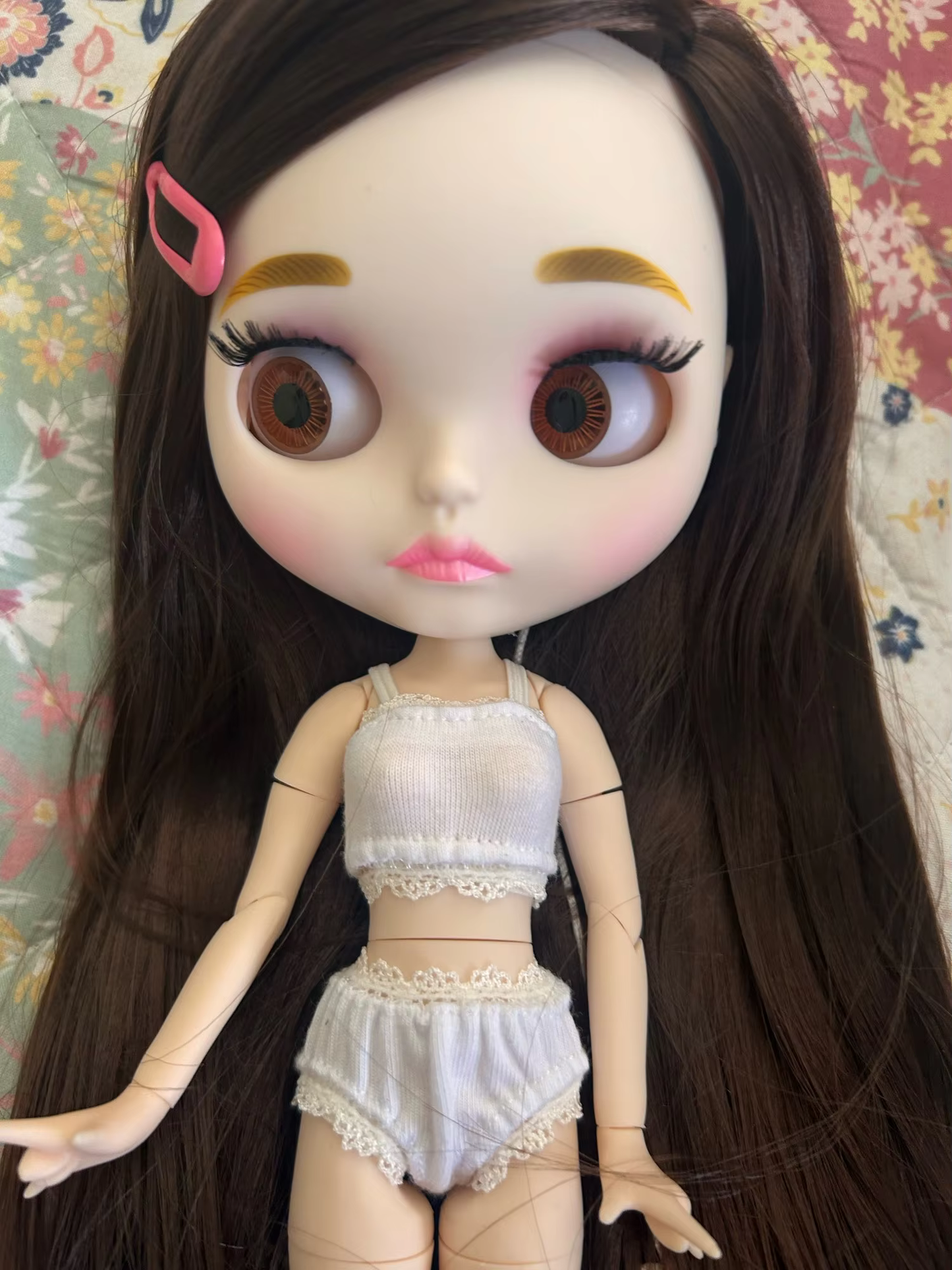 Custom Blythe Doll with Brown Hair, White Skin, Matte Pouty Face & Jointed Body