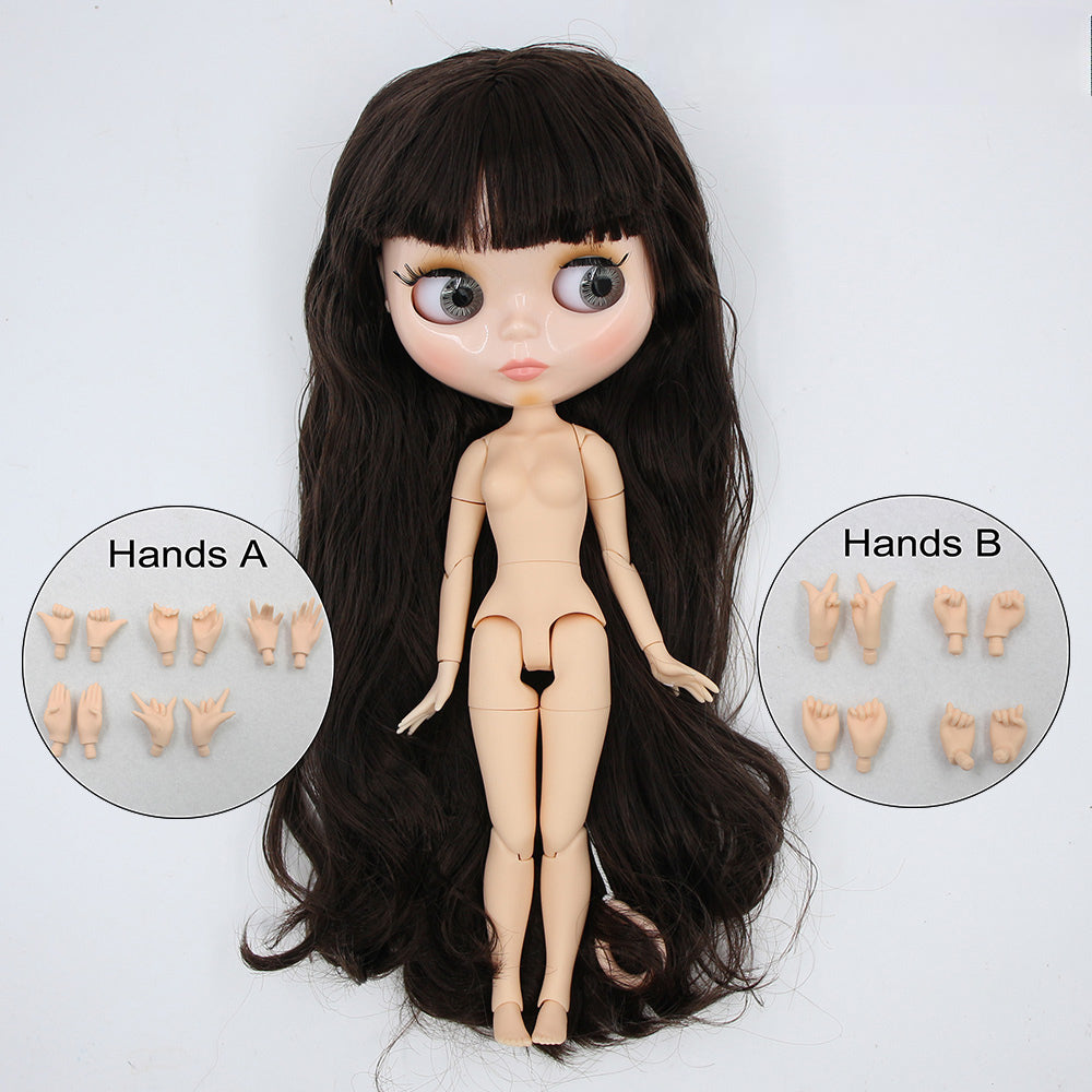 Nude Blythe Doll with Natural Skin Glossy Face & Long Chocolate Curly Hair