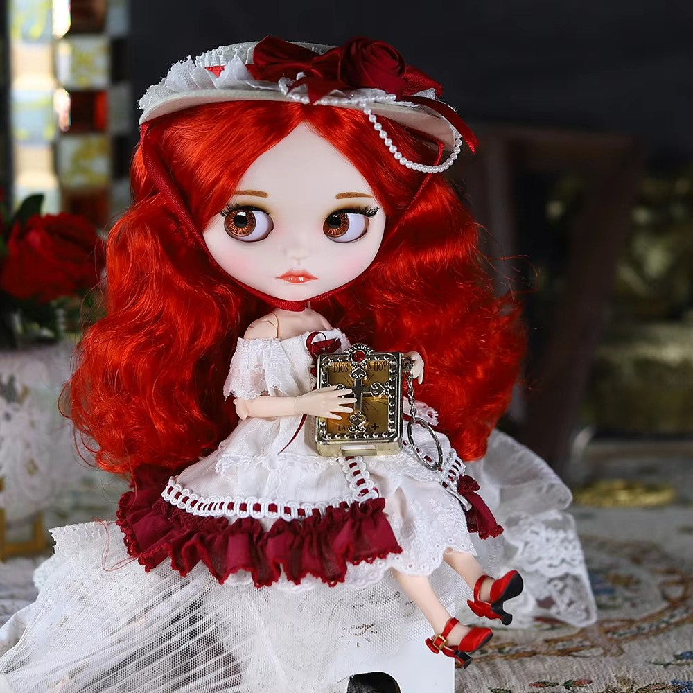 Rose β Premium Custom Neo Blythe Doll with Bright Red Hair, White Skin & Matte Cute Face