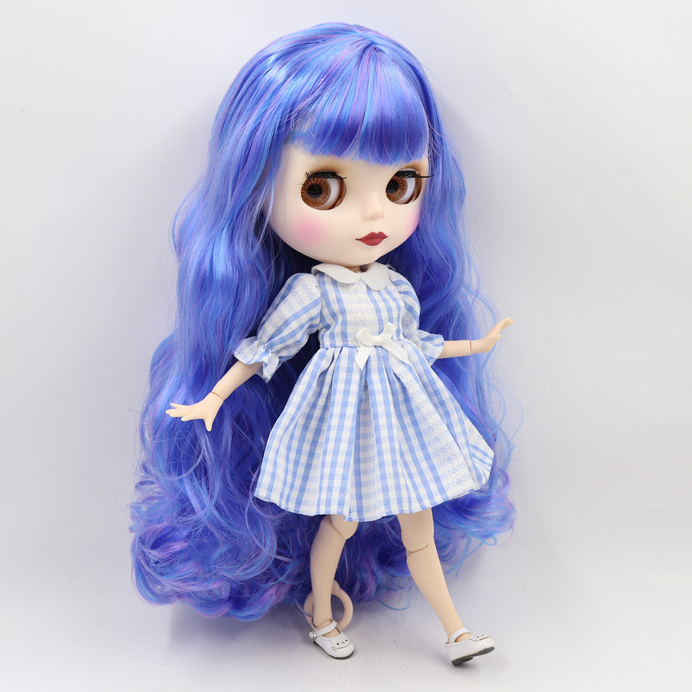 Blythe Doll with Blue Hair, White Skin, Matte Smiling Face & Custom Jointed Body