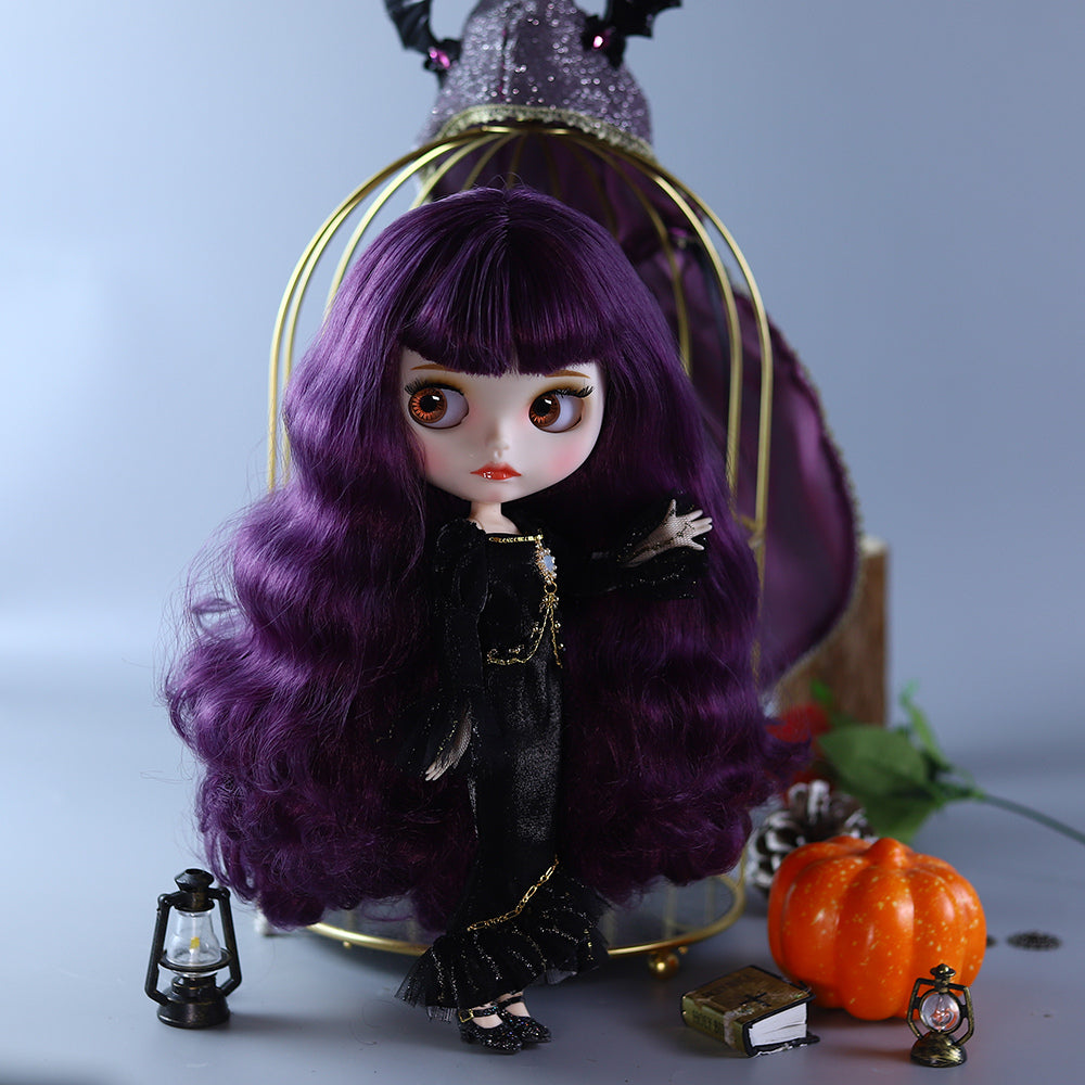 Neo Blythe Doll with Magic Purple Hair, White Skin, Matte Face, Carved Lips, 19 Joints