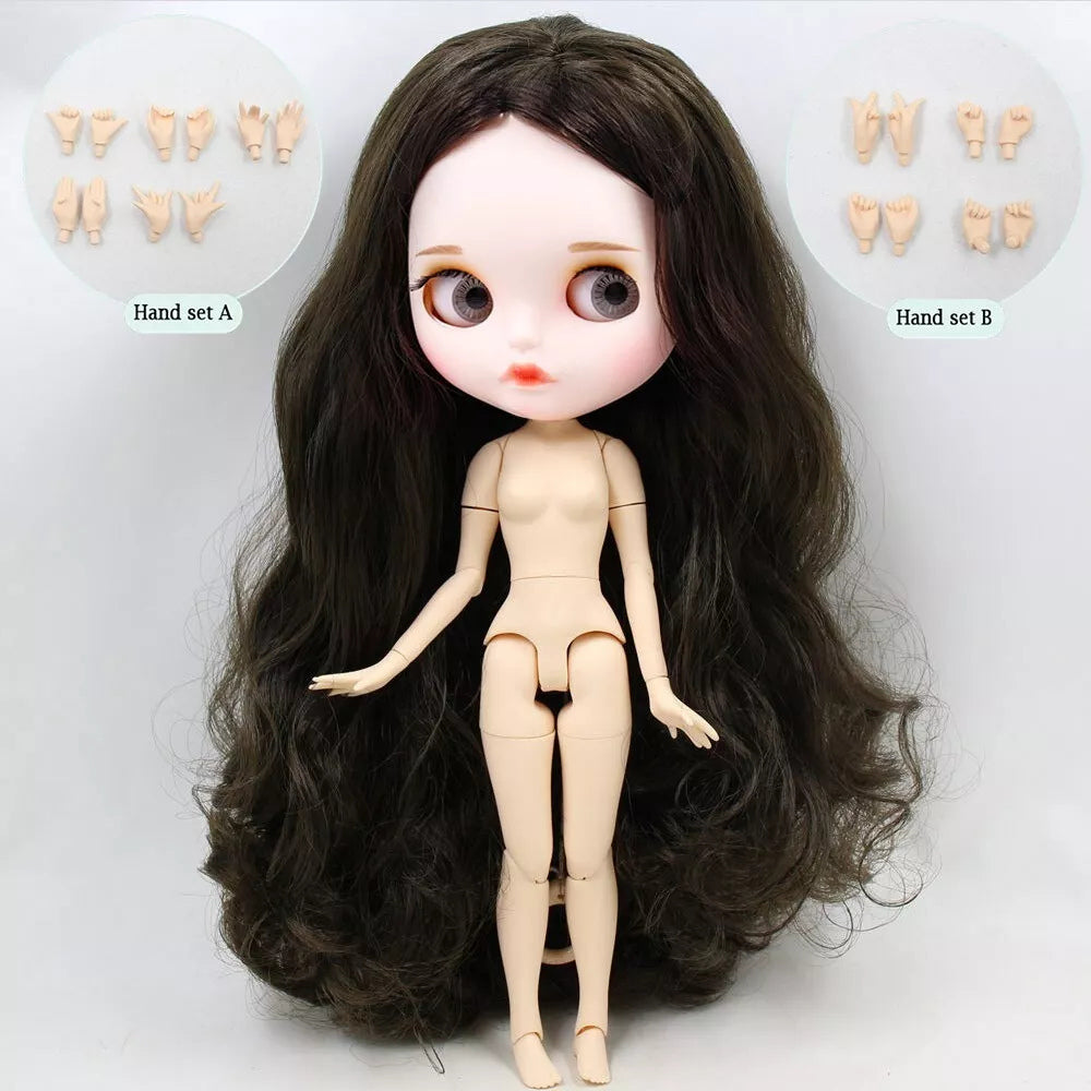 Blythe Nude Doll with White Skin, Matte Face, Dark Brown Wavy Hair & Eyebrows