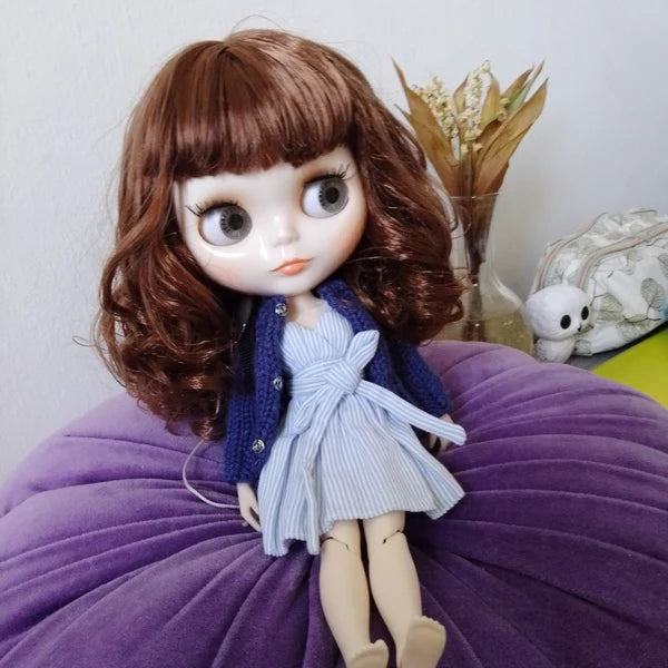 Nude Blythe Doll with Medium Short Curly Hair, White Skin Shiny Face Joint Body