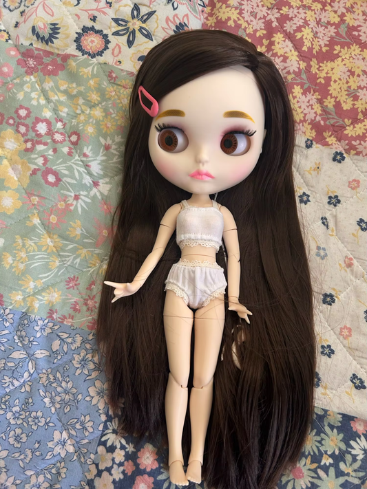 Custom Blythe Doll with Brown Hair, White Skin, Matte Pouty Face & Jointed Body