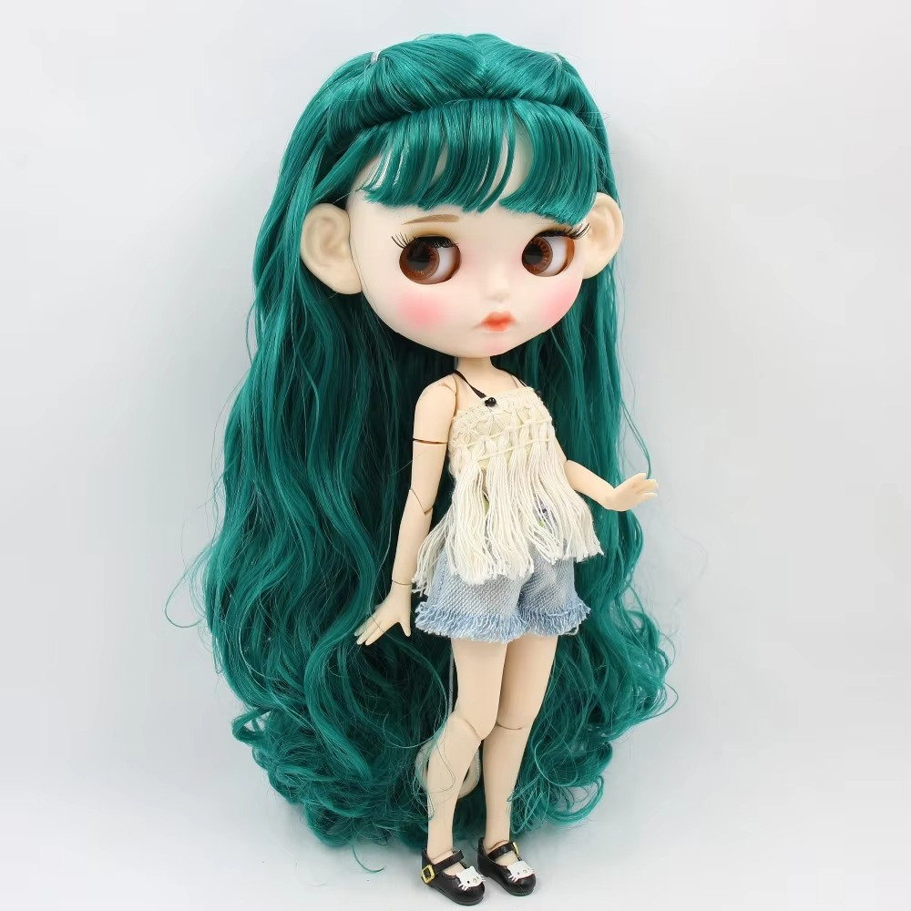 Nude Blythe Doll White Skin, Matte Face, Dark Green Curly Hair, Eyebrows