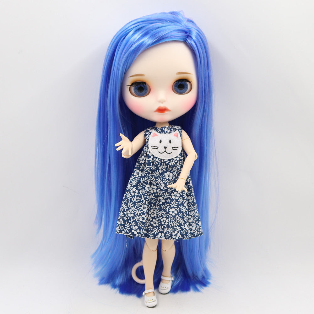 Blythe Doll with Blue Sky Hair, White Skin, Matte Face & Custom Jointed Body