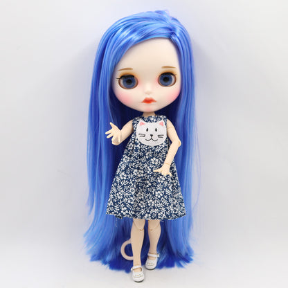 Blythe Doll with Blue Sky Hair, White Skin, Matte Face & Custom Jointed Body