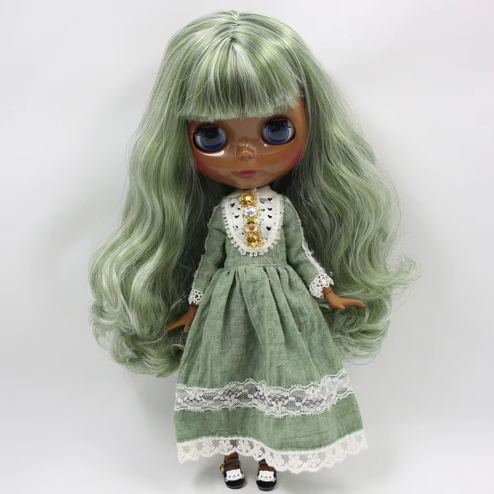 Neo Blythe Doll Super Black Skin Shiny Face & Jointed Body & Green Curly Hair