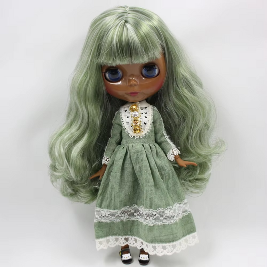 Neo Blythe Doll Super Black Skin Shiny Face & Jointed Body & Green Curly Hair