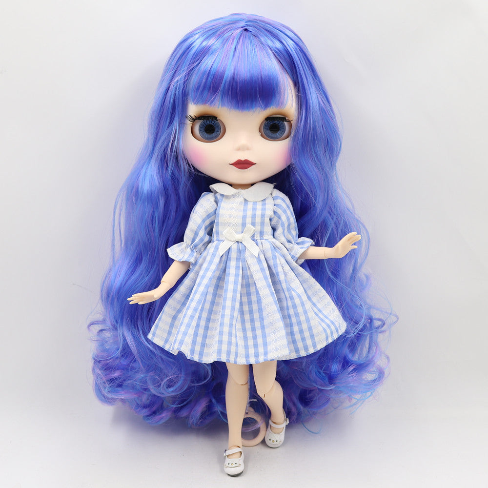 Blythe Doll with Blue Hair, White Skin, Matte Smiling Face & Custom Jointed Body