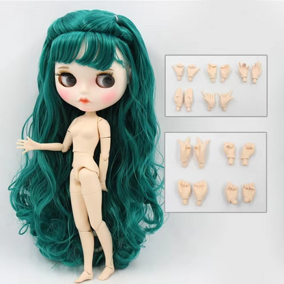 Nude Blythe Doll White Skin, Matte Face, Dark Green Curly Hair, Eyebrows