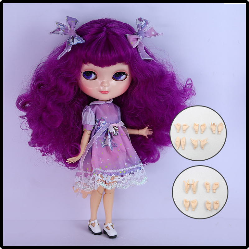 Blythe Doll with Shiny Asian Face & Azone C-Cup Jointed Body & Wine Purple Curly Hair