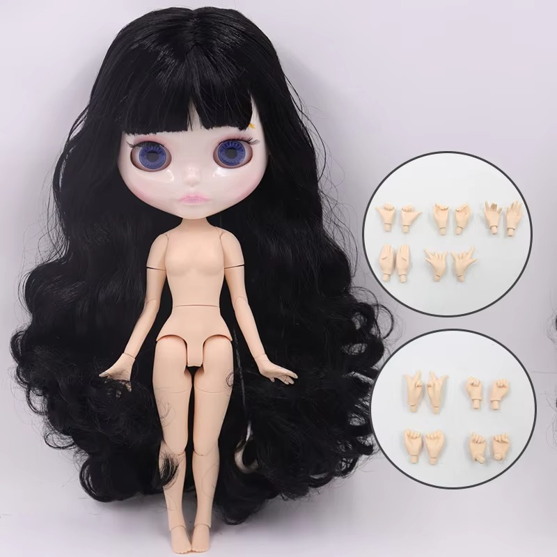 Blythe Doll with Black Hair, White Skin, Shiny Pouty Face & Custom Jointed Body
