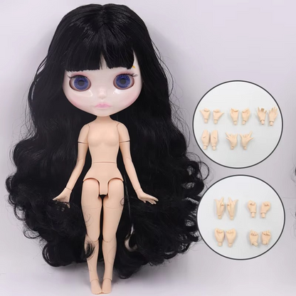 Blythe Doll with Black Hair, White Skin, Shiny Pouty Face & Custom Jointed Body