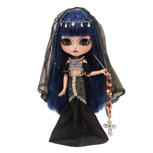Cleopatra – Premium Custom Neo Blythe Doll with Blue Hair, Tan Skin & Matte Smiling Face
