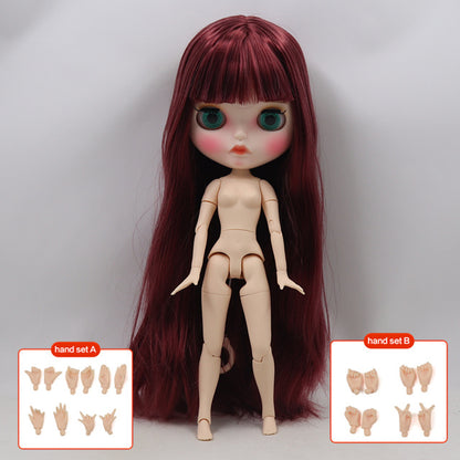Susan - Premium Custom Neo Blythe Doll with Red Wine Hair, White Skin & Matte Pouty Face
