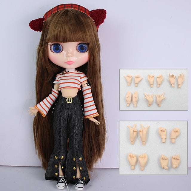 Neo Blythe Doll with Brown Hair, White Skin, Shiny Cute Face & Custom Jointed Body
