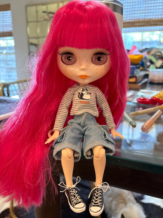 Nude Blythe Doll with White Skin & Shiny Face & Jointed Body & Dark Pink Hair