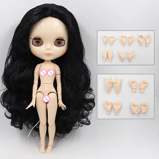 Blythe Nude Doll, Long Curly Black Hair no Bangs, White Skin Shiny Face